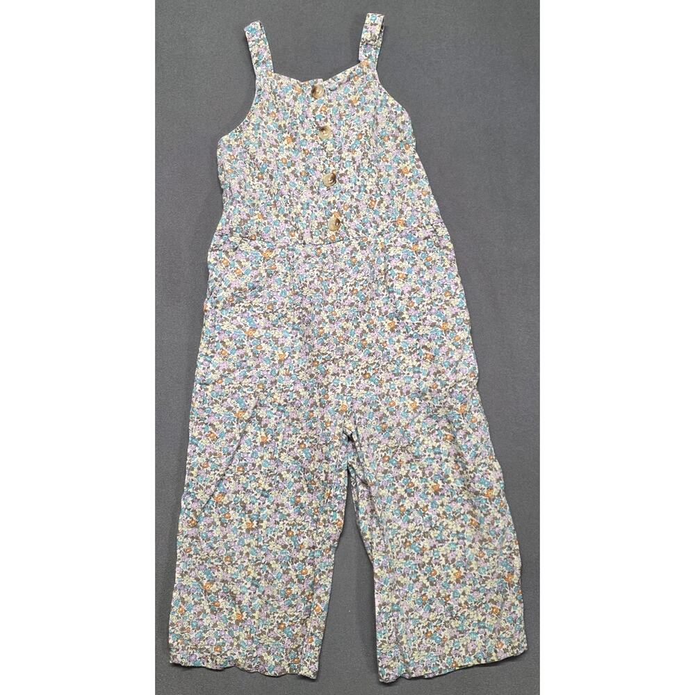 OshKosh Girls 4T Floral Jumpsuit Romper Linen Cottagecore Elastic Waist/Neck
